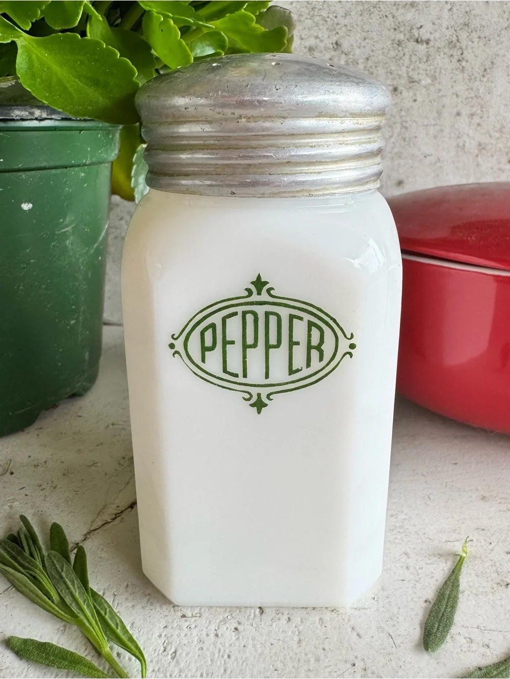 Vintage Hazel-Atlas White Milk Glass Pepper Shaker w/Aluminum Lid